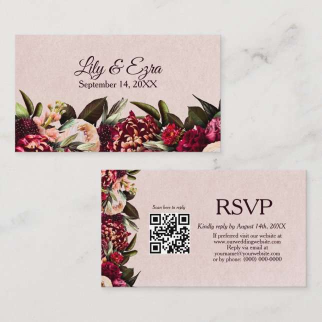 Recepción Elegante tarjeta RSVP de Borgoña Código QR (Anverso / Reverso)