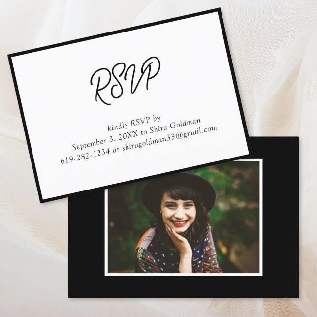 Recepción Elegante tarjeta RSVP de foto de Mitzvah en blanco (Elegant Black & White Bat Mitzvah Photo RSVP Card
)