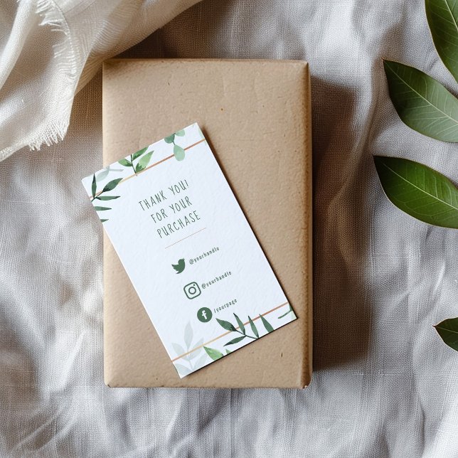 Recepción Enlaces sociales, hojas verdes de la tarjeta de in (Green leaves and gold border, fun text enclosure card to say thank you to your customers.)