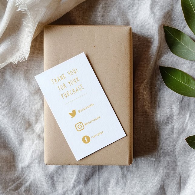 Recepción Enlaces sociales, tarjeta de inserción de pedido d (Gold on white fun text social media enclosure card to say thank you to your customers)