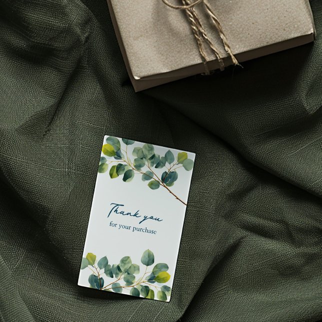 Recepción Eucalyptus bifurcación verde gracias tarjeta de ga (Eucalyptus thank you enclosure card with handwritten script and greenery illustration)