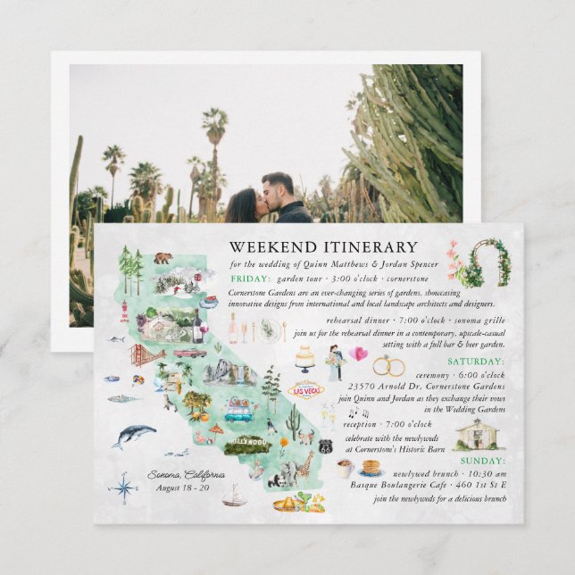 Recepción Fin de semana boda en Napa | Tarjeta Itineraria (Anverso / Reverso)