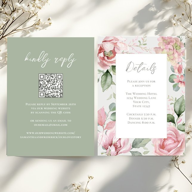 Recepción floral de Boda rosa Rubor (Blush pink floral wedding details card with QR code. )