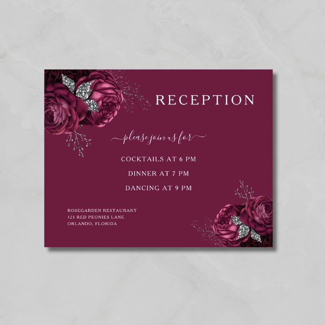 Recepción floral de burgundy elegante (Elegant Burgundy Floral Reception Enclosure Card)