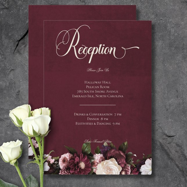 Recepción floral elegante y oscura de crema borgoñ (Dark Elegant Burgundy Cream Floral Reception Enclosure Card)