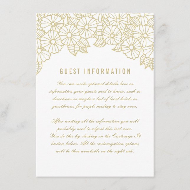 Recepción Flores de oro en tarjeta de inserción de Boda blan (Anverso)