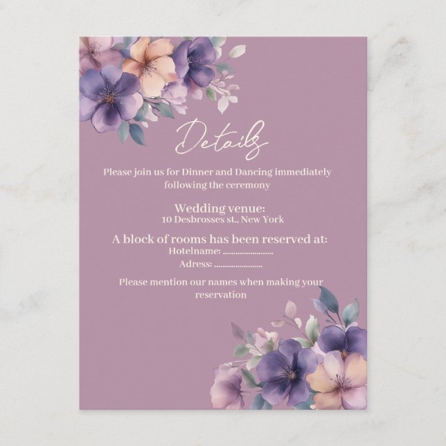 Recepción Flores puras y rosas en la tarjeta de cierre Boda (Anverso)