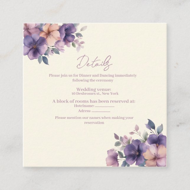 Recepción Flores puras y rosas en la tarjeta de cierre Boda (Anverso)