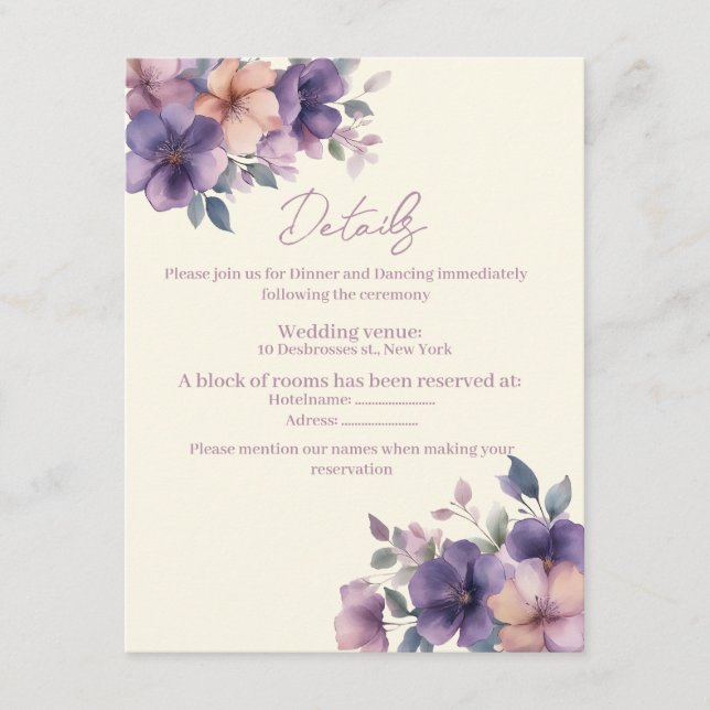 Recepción Flores puras y rosas en la tarjeta de cierre Boda (Anverso)