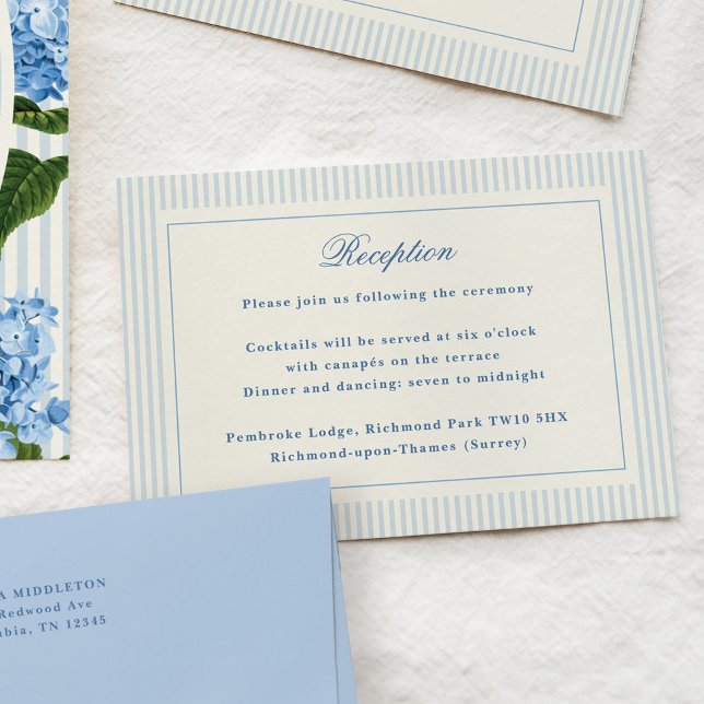 Recepción Formal de Rayas Azules Francesas Elegant (classic blue stripes wedding reception card)