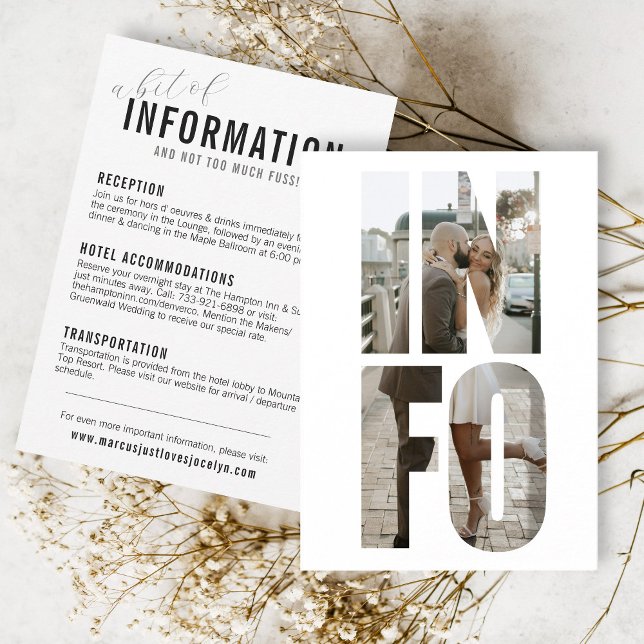 Recepción Fun Modern INFO Foto Palabras Boda Tarjeta de deta (a bit of information and not too much fuss wedding INFO photo frame words reception hotel website)