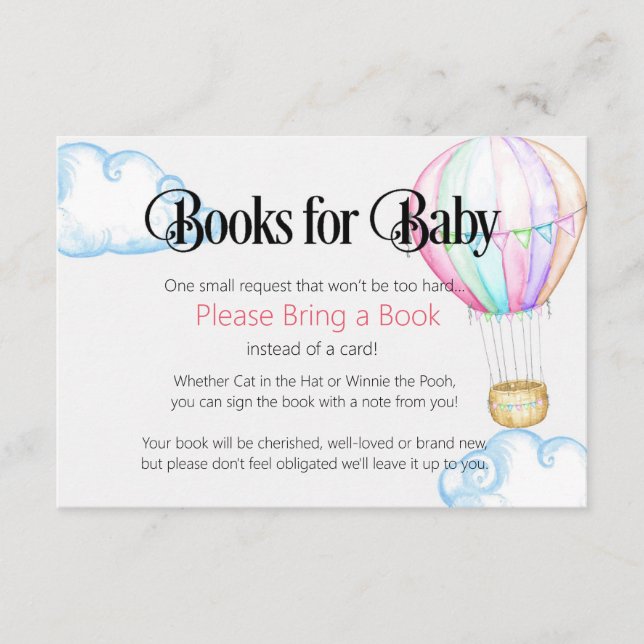 Recepción Globo Aerostático Rosa Libros para Tarjeta de Bebe (Anverso)
