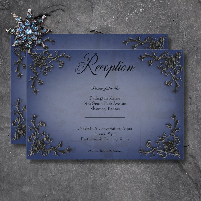 Recepción gótica de corazón con filigrana negra y  (Gothic Black & Blue Filigree Heart Reception Enclosure Card)