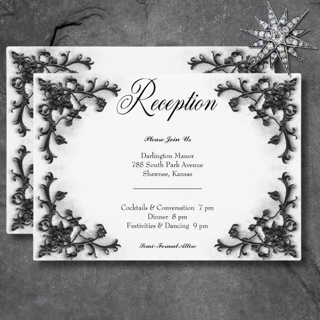Recepción gótica de corazón negro y blanco filigrí (Gothic Black & White Filigree Heart Reception Enclosure Card)