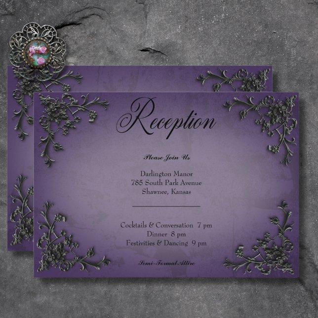Recepción gótica de corazón negro y morado filigrí (Gothic Black & Purple Filigree Heart Reception Enclosure Card)