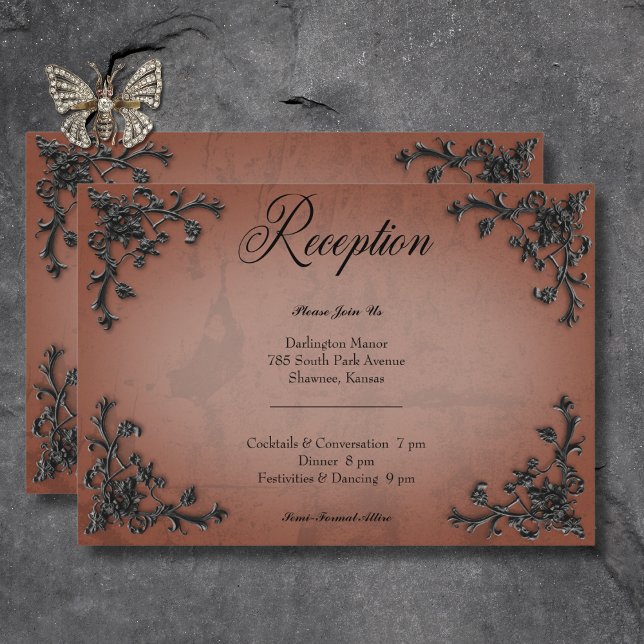 Recepción gótica de corazón negro y roya filigrí (Gothic Black & Rust Filigree Heart Reception Enclosure Card)