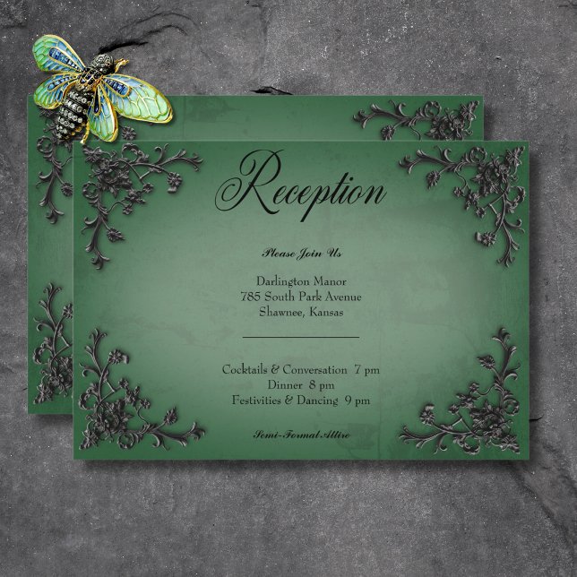Recepción gótica de corazón negro y verde filigrí (Gothic Black & Green Filigree Heart Reception Enclosure Card)