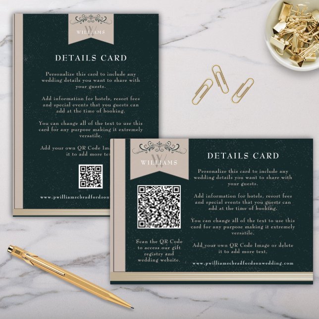 Recepción Inserción de tarjeta Boda de código QR de Tan negr (Vintage Library Book Cover Theme Wedding Invitation Details Cards with QR Code in Black and Tan)