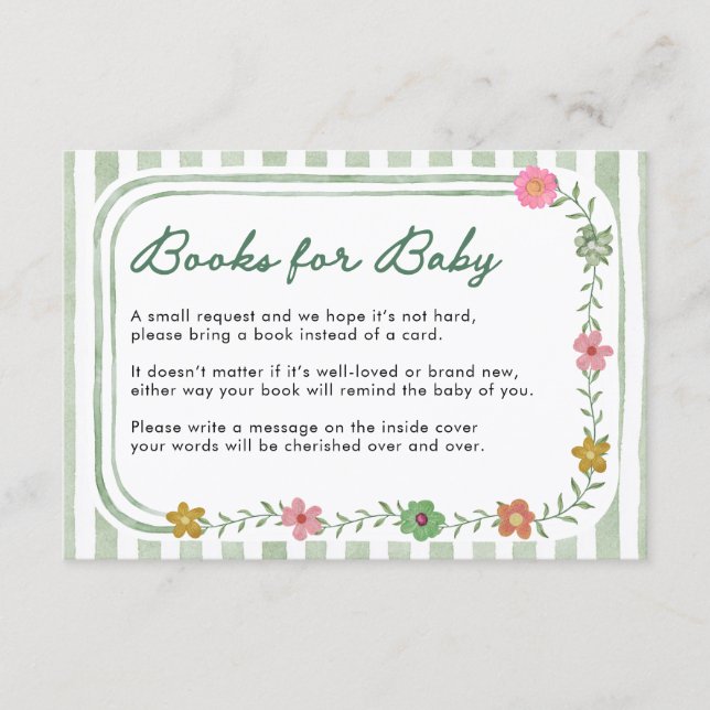 Recepción Libros Florales Verdes para Tarjeta de Bebe (Anverso)