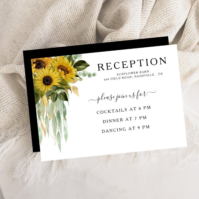 Recepción Moderna De Boda De Girasol Blanco Y Negr (Modern Black And White Sunflower Wedding Reception Enclosure Card)