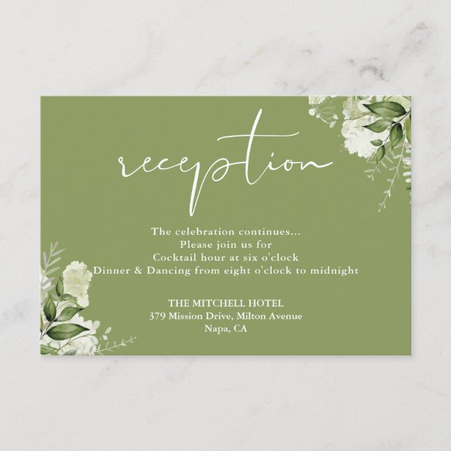 Recepción Moss Green Floral Script Wedding (Anverso)