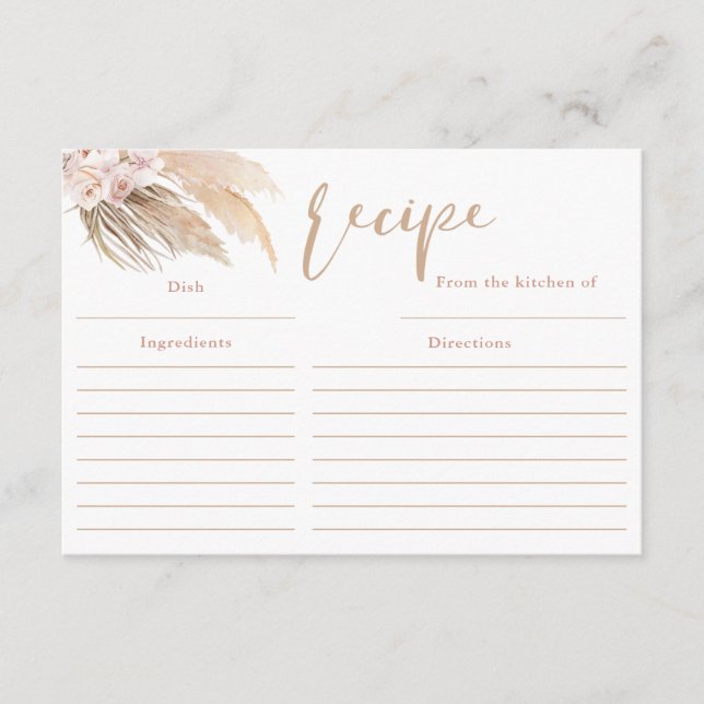 Recepción Pampas césped boho bohemia tarjeta de recetas (Anverso)