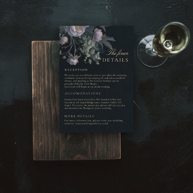 Recepción Peony Moody Boda Finer Detalles Tarjeta de Gabinet (dark moody wedding details card lilac purple dusty peony painting romantic gothic winter fall)