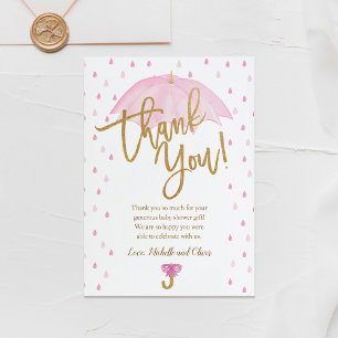 Recepción Pink Umbrella Baby Shower tarjeta de agradecimient