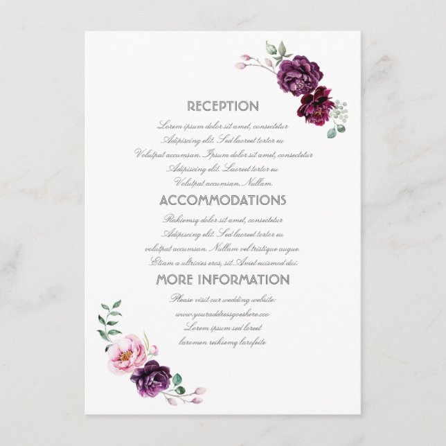 Recepción Plum Purple Flowers Boda Información Tarjeta de in (Anverso)