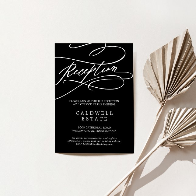 Recepción romántica y oscura de boda de caligrafía (Romantic Dark Black Calligraphy Wedding Reception Enclosure Card)