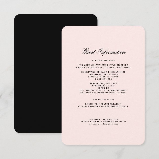 Recepción Rosa | Tarjeta de detalles del Boda negro (Anverso / Reverso)