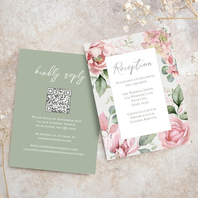 Recepción Rubor de boda floral rosa (Reception enclosure card template with QR code. )