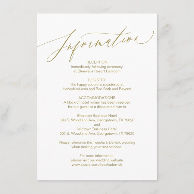 Recepción Script moderno, dorado, tarjeta de información Bod (Anverso)