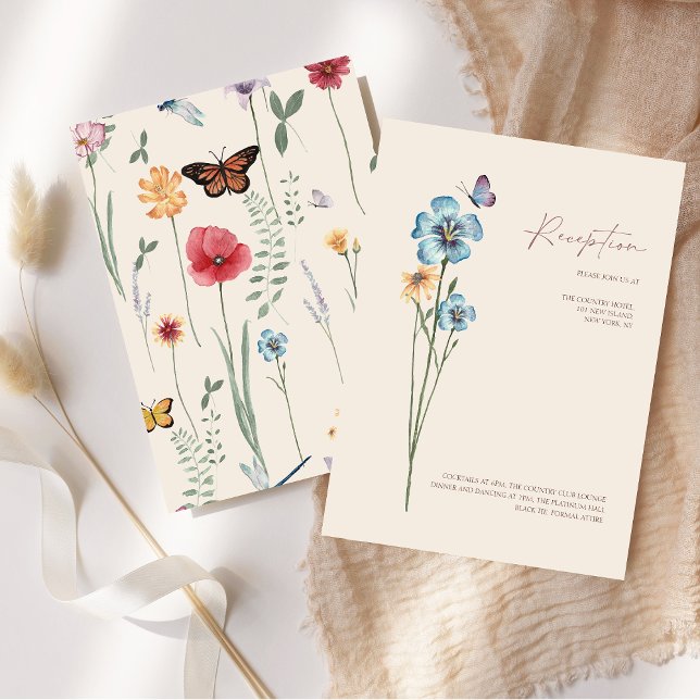 Recepción sencilla de mariposa de flores silvestre (Simple Blue Wildflower Butterfly Wedding Reception Enclosure Card)