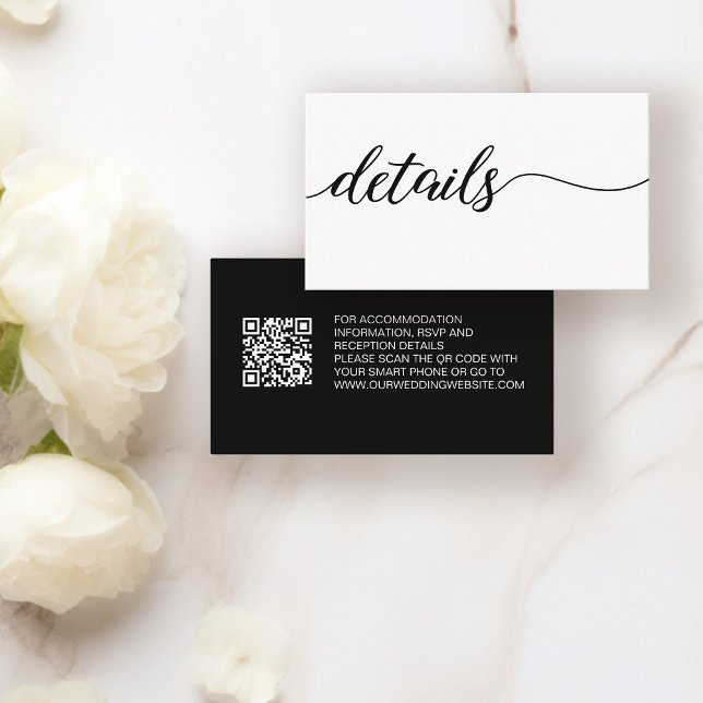 Recepción Sitio web de códigos QR tarjeta de detalles Minima (Black and white details wedding website qr code wedding insert enclosure card)