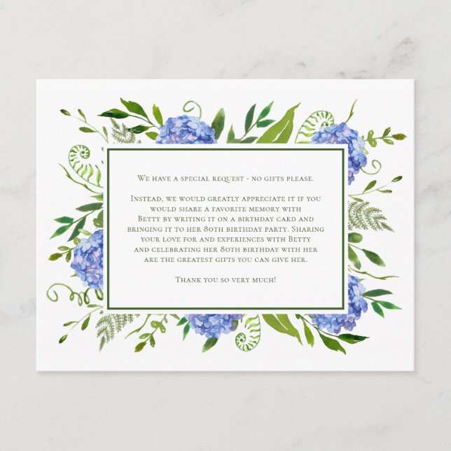 Recepción Solicitud de tarjeta de cumpleaños 80 de Hortensia (Anverso)