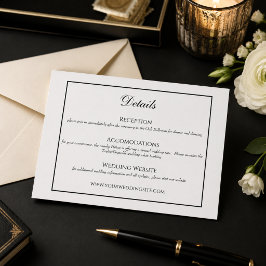 Recepción Tarjeta Clásica de Detalles de Boda en Blanco y Ne