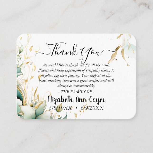 Recepción Tarjeta de agradecimiento memorial personalizable (Anverso)