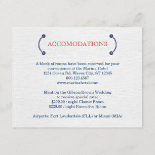 Recepción Tarjeta de alojamiento Boda Knot Nautical