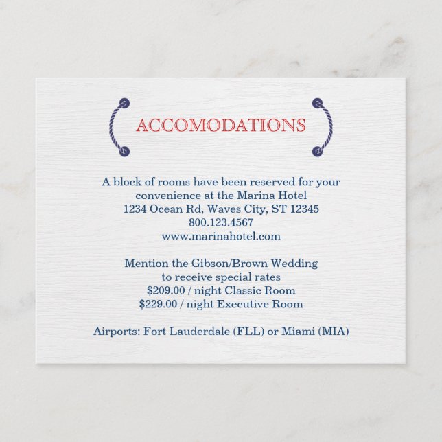 Recepción Tarjeta de alojamiento Boda Knot Nautical (Anverso)
