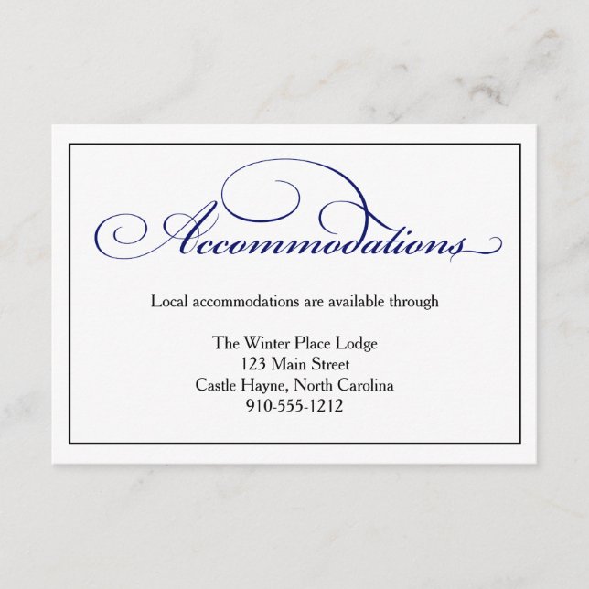Recepción Tarjeta de alojamiento Boda Royal Blue Script (Anverso)