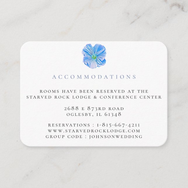 Recepción Tarjeta De Alojamiento De Boda Floral Azul (Anverso)