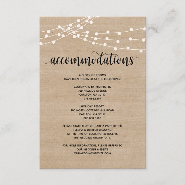 Recepción Tarjeta de alojamiento de bodas con luces de cuerd (Anverso)