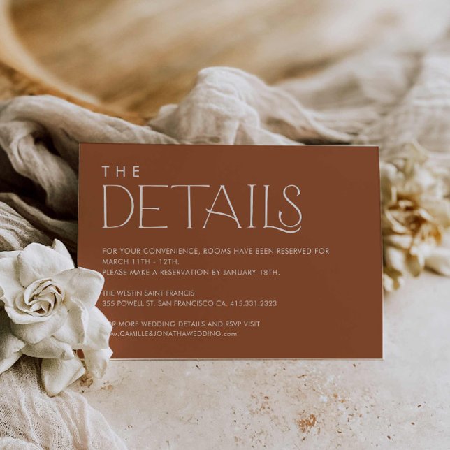 Recepción Tarjeta De Alojamiento De Detalles Del Boda Mínimo (Terracotta Boho Wedding Details Card)