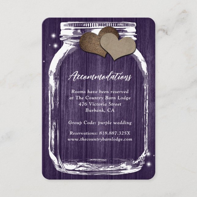 Recepción Tarjeta de alojamiento Rustic Purple Mason Jar Woo (Anverso)