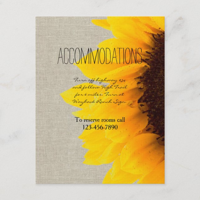 Recepción Tarjeta de Alojamiento Rústico Boda Sunflower (Anverso)