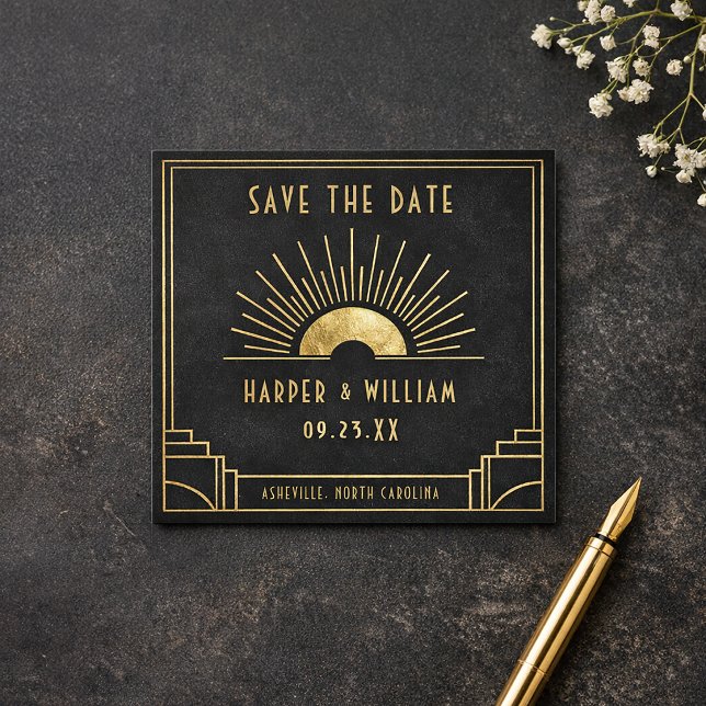Recepción tarjeta de aviso de fecha de Equinox Mini con arte (Celestial art deco save the date card in black and gold.
)