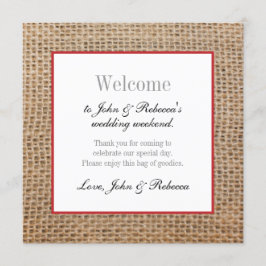 Recepción Tarjeta de bienvenida Burlap y Red Boda