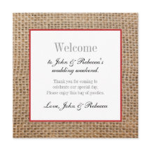 Tarjeta de bienvenida Burlap y Red Boda