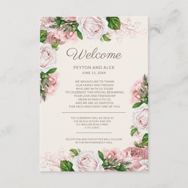 Recepción Tarjeta de bienvenida floral rosa para boda (Anverso)